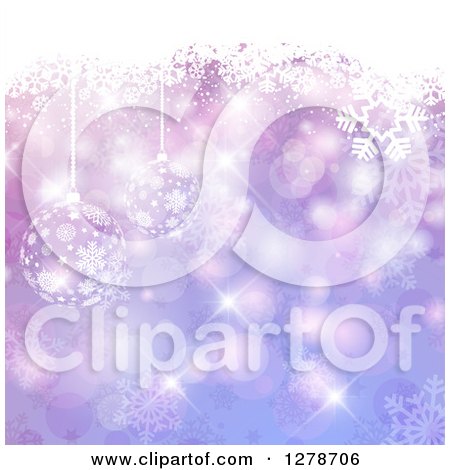 Clipart of a Purple Christmas Background of Suspended Ornaments with Snowflakes and Bokeh - Royalty Free Vector Illustration by KJ Pargeter