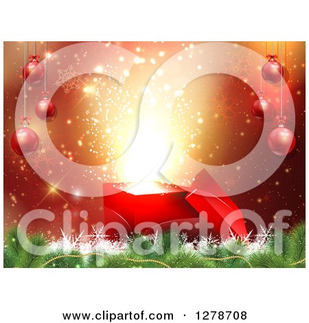 Clipart of a Christmas Magic Background of a Surprise Gift Box Open over Tree Branches, Baubles, Sparkles and Snowflakes - Royalty Free Vector Illustration by KJ Pargeter