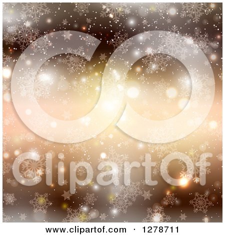 Clipart of a Golden Christmas Background with Flares, Sparkles, Bokeh, Stars and Snowflakes - Royalty Free Vector Illustration by KJ Pargeter