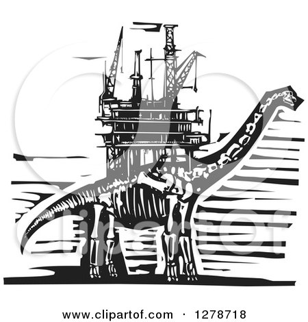 Clipart of a Black and White Woodcut Apatosaurus or Brontosaurus Dinosaur Skeleton with an Oil Rig on Its Back - Royalty Free Vector Illustration by xunantunich