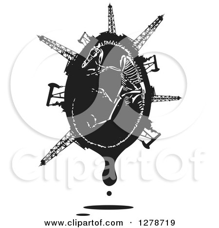 Black and White Woodcut Curled up Velociraptor Dinosaur Skeleton in a Dripping Egg with Oil Wells, Pumpjacks and Rigs Posters, Art Prints