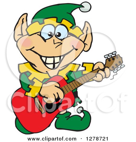 Clipart of a Happy Male Christmas Elf Playing an Acoustic Guitar - Royalty Free Vector Illustration by Dennis Holmes Designs