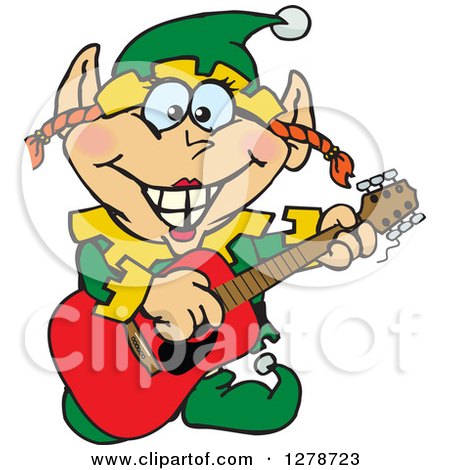 Clipart of a Happy Female Christmas Elf Playing an Acoustic Guitar - Royalty Free Vector Illustration by Dennis Holmes Designs