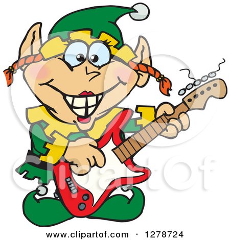 Clipart of a Happy Female Christmas Elf Playing an Electric Guitar - Royalty Free Vector Illustration by Dennis Holmes Designs