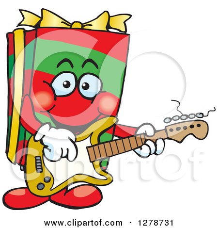Clipart of a Happy Gift Character Playing an Electric Guitar - Royalty Free Vector Illustration by Dennis Holmes Designs