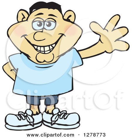 Clipart of a Happy Smiling Casual Asian Man Waving - Royalty Free Vector Illustration by Dennis Holmes Designs