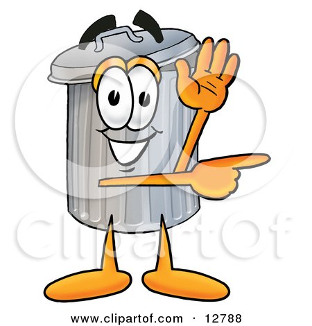 Clipart Picture of a Garbage Can Mascot Cartoon Character Waving and Pointing by Mascot Junction
