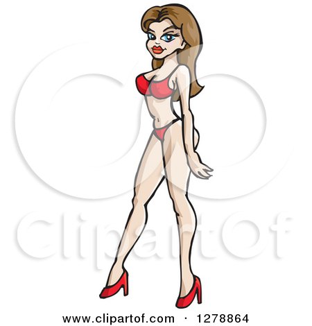 Clipart of a Brunette White Woman Walking in a Red Bikini and Heels - Royalty Free Vector Illustration by Dennis Holmes Designs