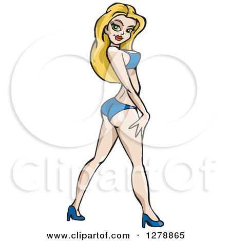 Clipart of a Blond White Woman Walking in a Blue Bikini and Heels - Royalty Free Vector Illustration by Dennis Holmes Designs