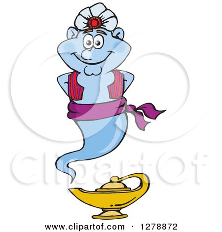 Clipart of a Happy Genie Floating over a Lamp - Royalty Free Vector Illustration by Dennis Holmes Designs
