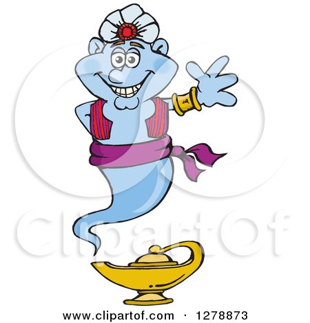 Clipart of a Happy Genie Waving and Floating over a Lamp - Royalty Free Vector Illustration by Dennis Holmes Designs