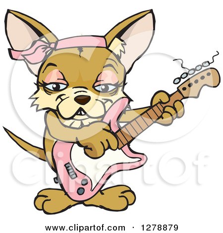 Clipart of a Happy Female Chihuahua Dog Playing a Pink Electric Guitar - Royalty Free Vector Illustration by Dennis Holmes Designs