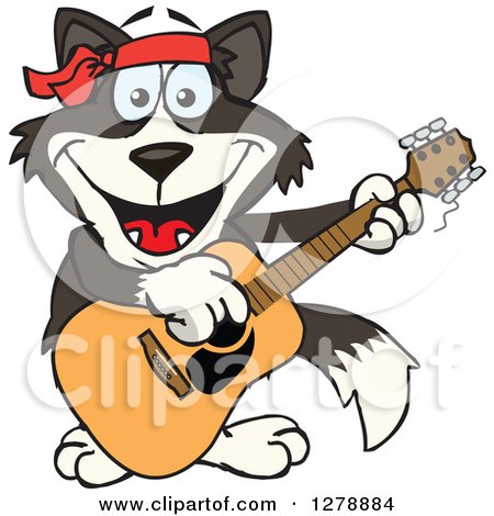 Clipart of a Happy Border Collie Dog Playing an Acoustic Guitar - Royalty Free Vector Illustration by Dennis Holmes Designs