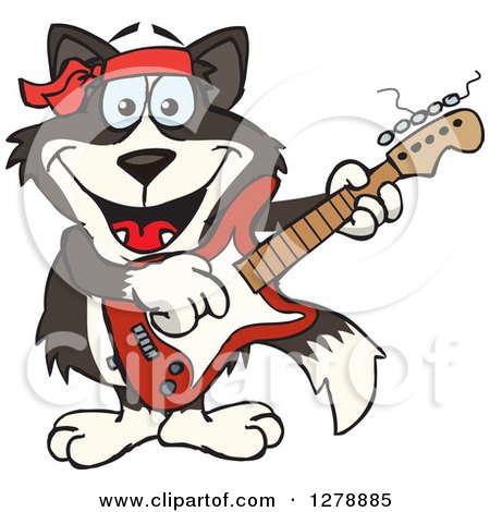 Clipart of a Happy Border Collie Dog Playing an Electric Guitar - Royalty Free Vector Illustration by Dennis Holmes Designs