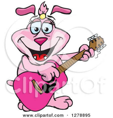Clipart of a Happy Pink Dog Playing an Acoustic Guitar - Royalty Free Vector Illustration by Dennis Holmes Designs