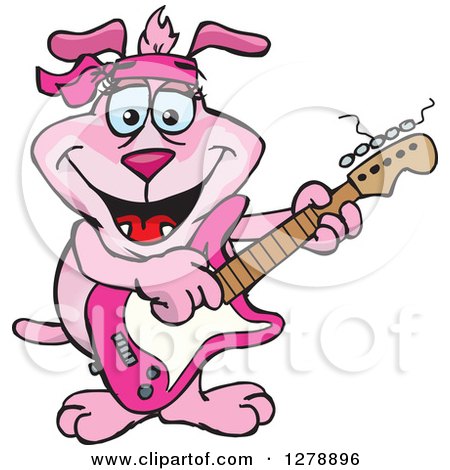 Clipart of a Happy Pink Dog Playing an Electric Guitar - Royalty Free Vector Illustration by Dennis Holmes Designs