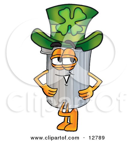 Clipart Picture of a Garbage Can Mascot Cartoon Character Wearing a Saint Patricks Day Hat With a Clover on it by Mascot Junction
