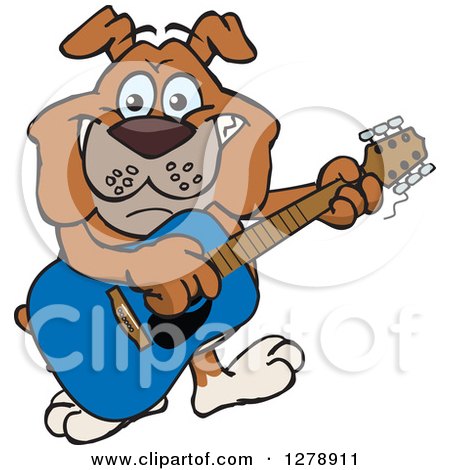 Clipart of a Happy Bulldog Dog Playing an Acoustic Guitar - Royalty Free Vector Illustration by Dennis Holmes Designs