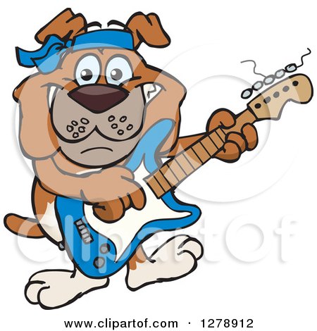 Clipart of a Happy Bulldog Dog Playing an Electric Guitar - Royalty Free Vector Illustration by Dennis Holmes Designs