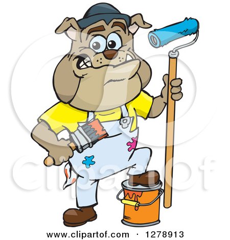 Clipart of a Happy Brown Bulldog Painter Holding Brushes and Resting a Foot on a Bucket - Royalty Free Vector Illustration by Dennis Holmes Designs