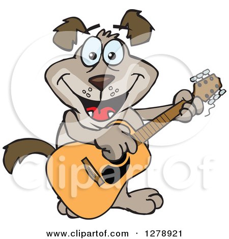 Clipart of a Happy Brown Dog Playing an Acoustic Guitar - Royalty Free Vector Illustration by Dennis Holmes Designs