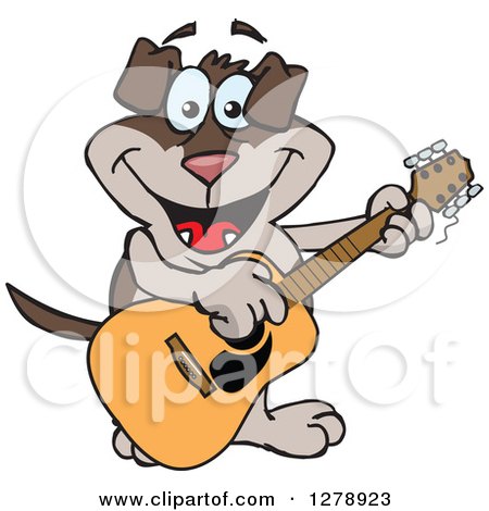 Clipart of a Happy Two Toned Brown Dog Playing an Acoustic Guitar - Royalty Free Vector Illustration by Dennis Holmes Designs