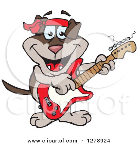 Clipart of a Happy Two Toned Brown Dog Playing an Electric Guitar - Royalty Free Vector Illustration by Dennis Holmes Designs