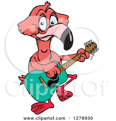 Clipart of a Happy Pink Flamingo Playing an Acoustic Guitar - Royalty Free Vector Illustration by Dennis Holmes Designs