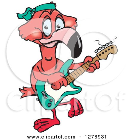 Clipart of a Happy Pink Flamingo Playing an Electric Guitar - Royalty Free Vector Illustration by Dennis Holmes Designs