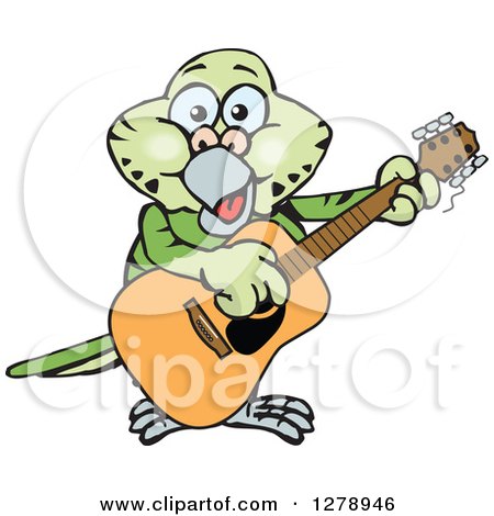 Clipart of a Happy Green Budgie Parakeet Bird Playing an Acoustic Guitar - Royalty Free Vector Illustration by Dennis Holmes Designs