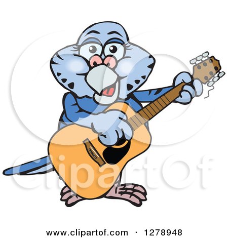 Clipart of a Happy Dark Blue Budgie Parakeet Bird Playing an Acoustic Guitar - Royalty Free Vector Illustration by Dennis Holmes Designs