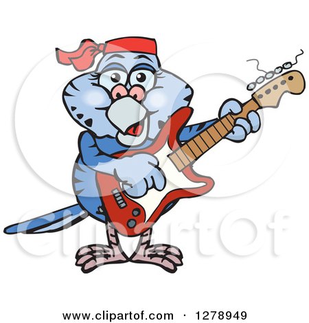 Clipart of a Happy Dark Blue Budgie Parakeet Bird Playing an Electric Guitar - Royalty Free Vector Illustration by Dennis Holmes Designs
