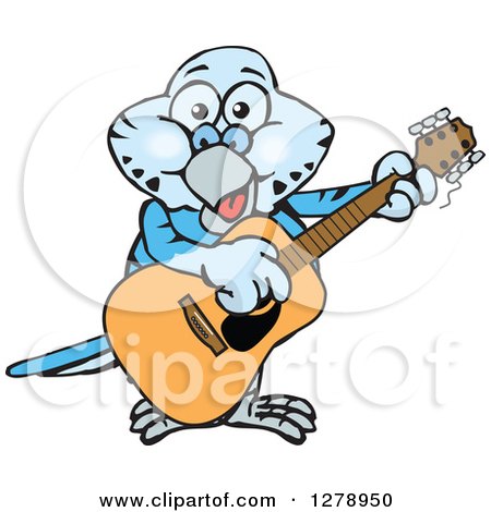 Clipart of a Happy Blue Budgie Parakeet Bird Playing an Acoustic Guitar - Royalty Free Vector Illustration by Dennis Holmes Designs