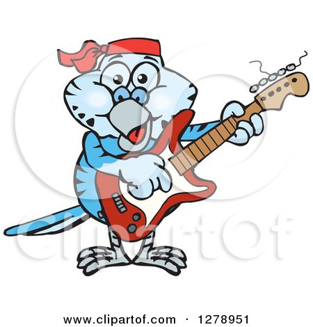 Clipart of a Happy Blue Budgie Parakeet Bird Playing an Electric Guitar - Royalty Free Vector Illustration by Dennis Holmes Designs
