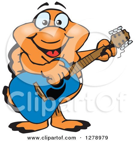 Clipart of a Happy Black Moor Fish Playing an Acoustic Guitar - Royalty Free Vector Illustration by Dennis Holmes Designs