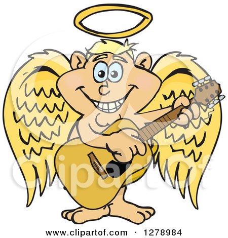 Clipart of a Happy Angel Musician Playing a Guitar - Royalty Free Vector Illustration by Dennis Holmes Designs