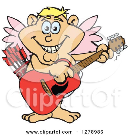 Clipart of a Happy Cupid Playing an Acoustic Guitar - Royalty Free Vector Illustration by Dennis Holmes Designs
