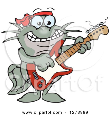 Clipart of a Happy Black Catfish Playing an Electric Guitar - Royalty Free Vector Illustration by Dennis Holmes Designs