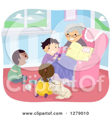 Clipart of a Happy Granny Reading a Story Book to a Dog and Children - Royalty Free Vector Illustration by BNP Design Studio