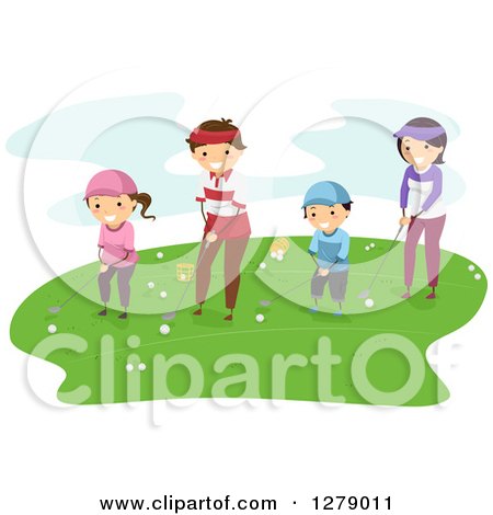 Clipart of a Happy Asian Family Golfing Together - Royalty Free Vector Illustration by BNP Design Studio