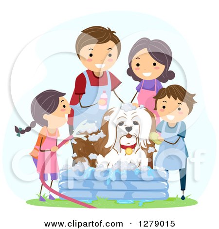 Clipart of a Happy Family Washing Their Dog - Royalty Free Vector Illustration by BNP Design Studio