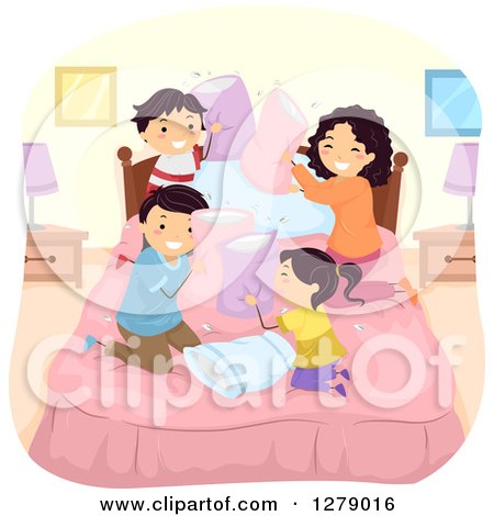 Clipart of a Happy Asian Family Engaged in a Pillow Fight - Royalty Free Vector Illustration by BNP Design Studio