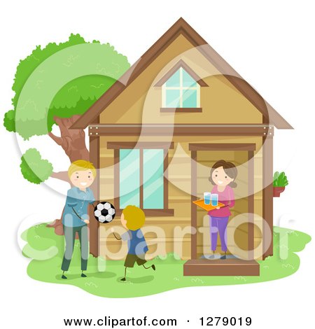Clipart of a Happy Mom Bring Water to Her Son and His Father While They Play Soccer in the Yard - Royalty Free Vector Illustration by BNP Design Studio