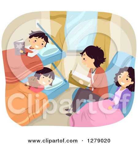 Clipart of a Happy Family Reading and Resting on a Sleeper Train - Royalty Free Vector Illustration by BNP Design Studio