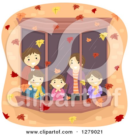 Clipart of a Happy Caucasian Family Watching Autumn Leaves Falling Through a Window - Royalty Free Vector Illustration by BNP Design Studio