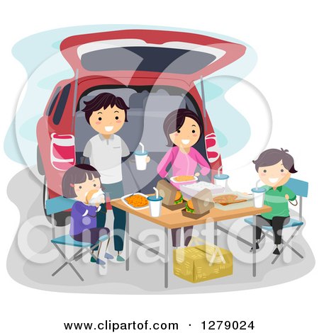 Clipart of a Happy Asian Family Having a Picnic at the Back of Their Car - Royalty Free Vector Illustration by BNP Design Studio