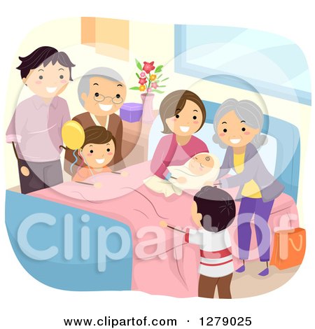 Clipart of Happy Caucasian Grandparents and Family Visiting a Woman After Giving Birth - Royalty Free Vector Illustration by BNP Design Studio