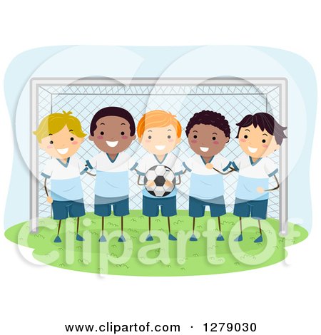 Clipart of a Boy's Soccer Team Posing in Front of a Goal Net - Royalty Free Vector Illustration by BNP Design Studio