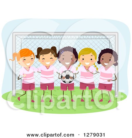 Clipart of a Girl's Soccer Team Posing in Front of a Goal Net - Royalty Free Vector Illustration by BNP Design Studio