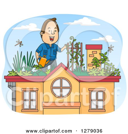 Clipart of a Cartoon Brunette White Man Watering Plants in a Roof Top Garden - Royalty Free Vector Illustration by BNP Design Studio